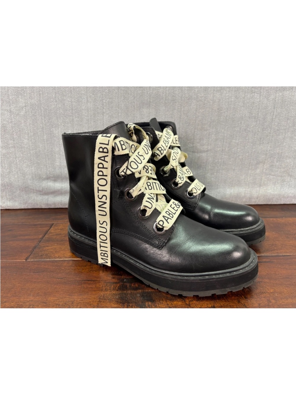 Zara Women Black Combat Boots Slogan Laces Chunky Lug Sole Size EU 40 US 9
